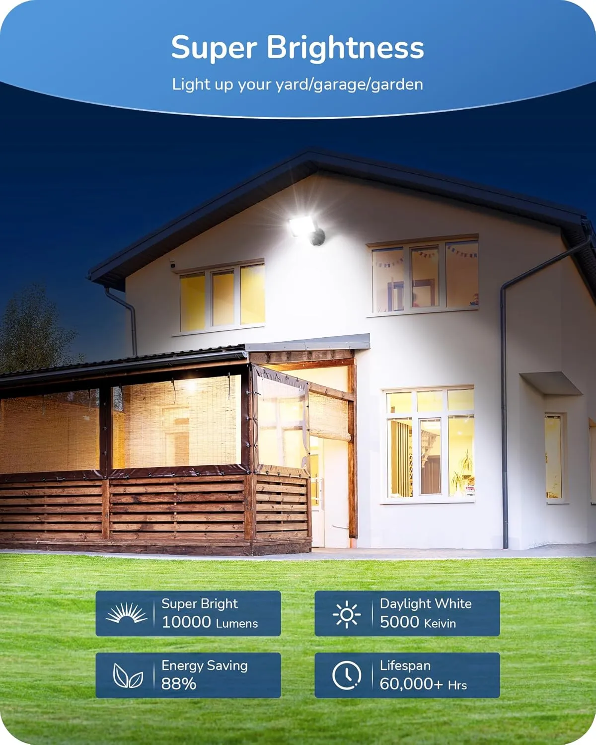 EDISHINE 10000LM LED Flood Light, 2 Pack 73W Outdoor Security Light, 5000K Daylight White, IP65 Waterproof Flood Lights for Garage, Backyard, Patio, Garden, Porch, Stair