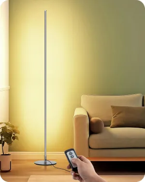 EDISHINE LED Corner Floor Lamp with Remote, 57.5" Minimalist Dimmable Slim Light, Standing Tall Mood Lamp for Living Room, Bedroom, Office, 3000K Warm White Light (Silver)