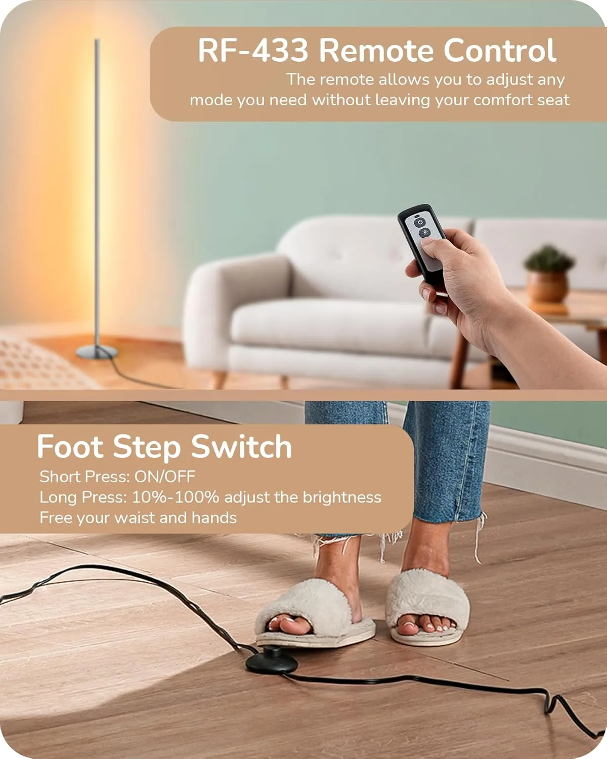 EDISHINE LED Corner Floor Lamp with Remote, 57.5" Minimalist Dimmable Slim Light, Standing Tall Mood Lamp for Living Room, Bedroom, Office, 3000K Warm White Light (Silver)