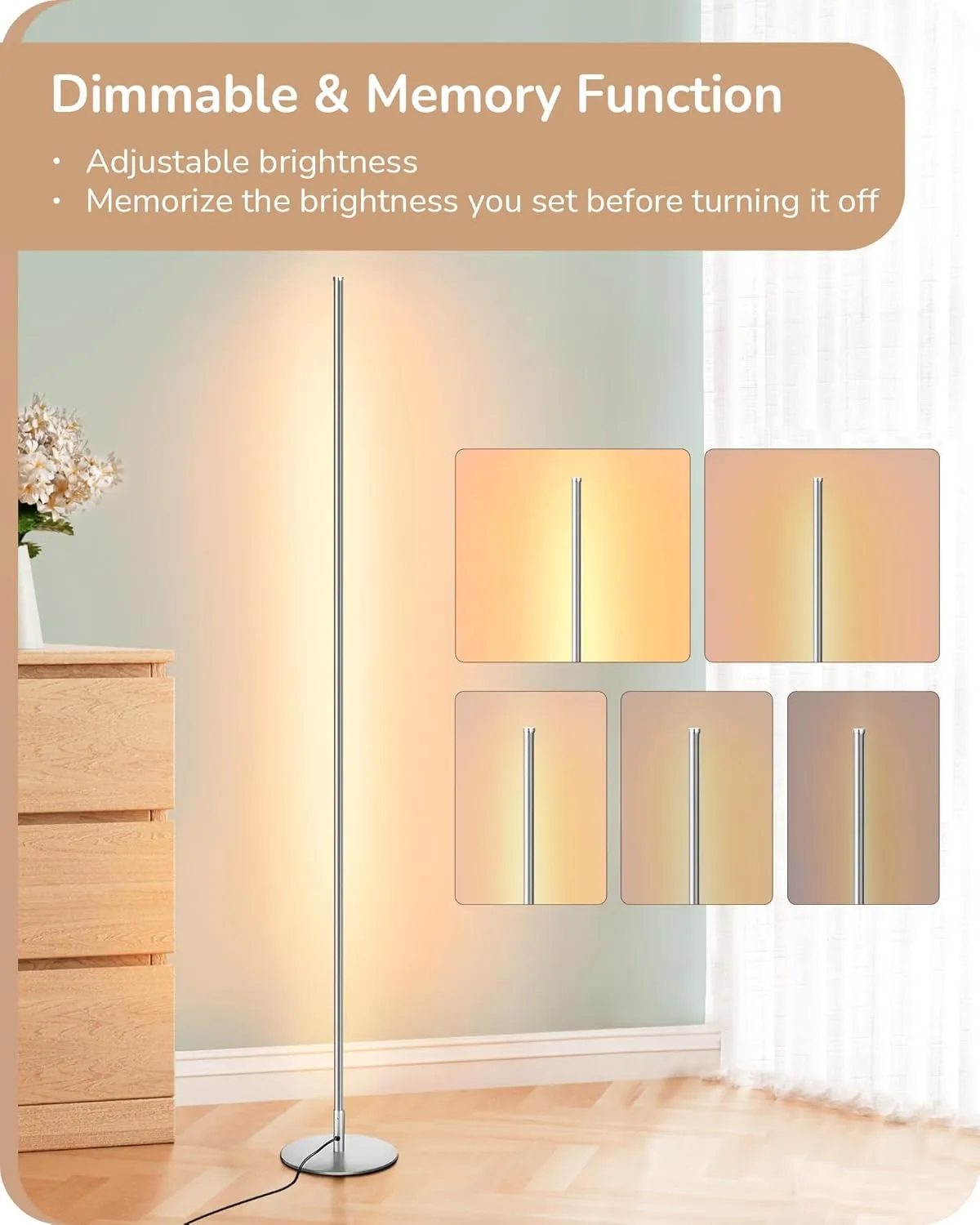 EDISHINE LED Corner Floor Lamp with Remote, 57.5" Minimalist Dimmable Slim Light, Standing Tall Mood Lamp for Living Room, Bedroom, Office, 3000K Warm White Light (Silver)
