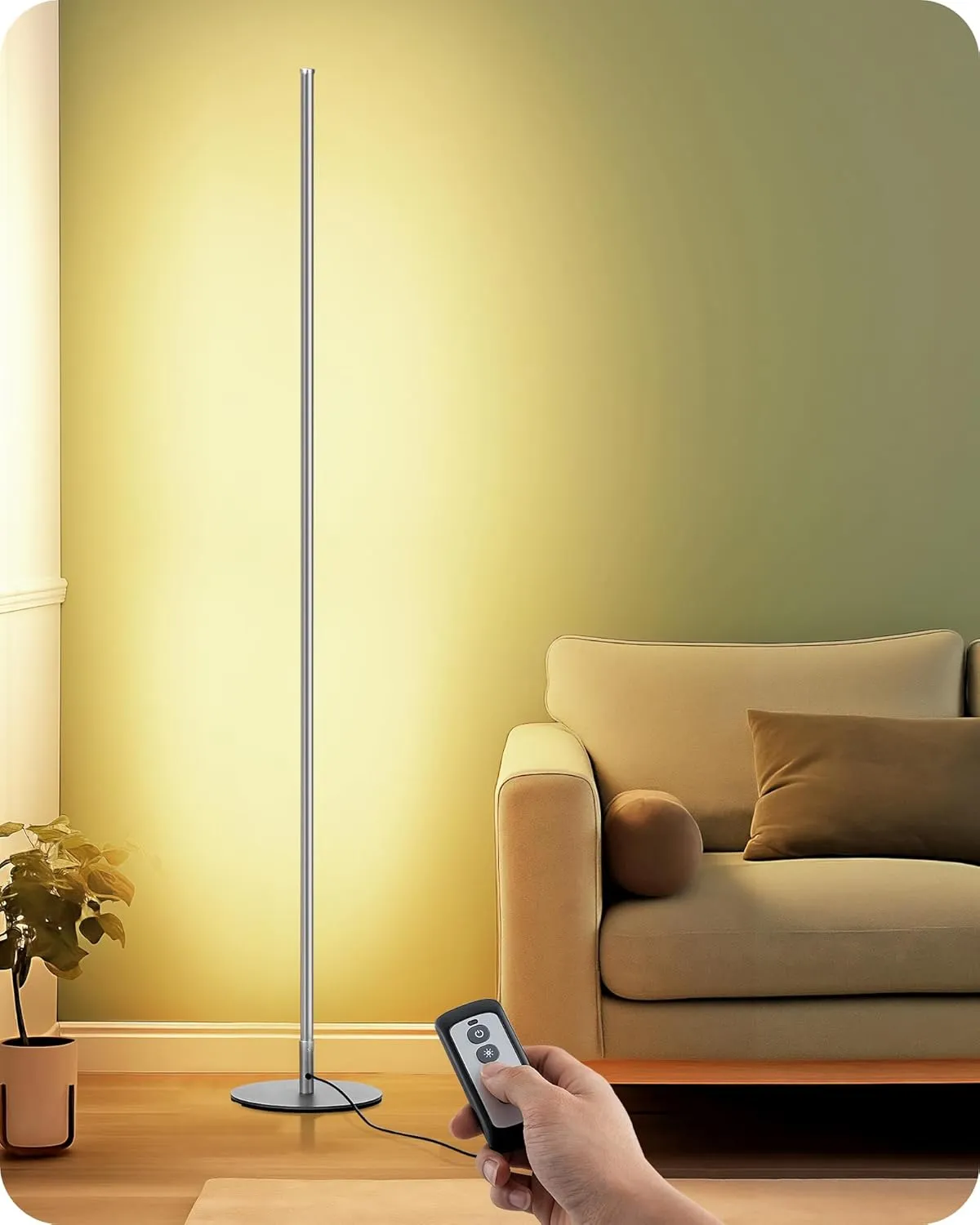 EDISHINE LED Corner Floor Lamp with Remote, 57.5" Minimalist Dimmable Slim Light, Standing Tall Mood Lamp for Living Room, Bedroom, Office, 3000K Warm White Light (Silver)