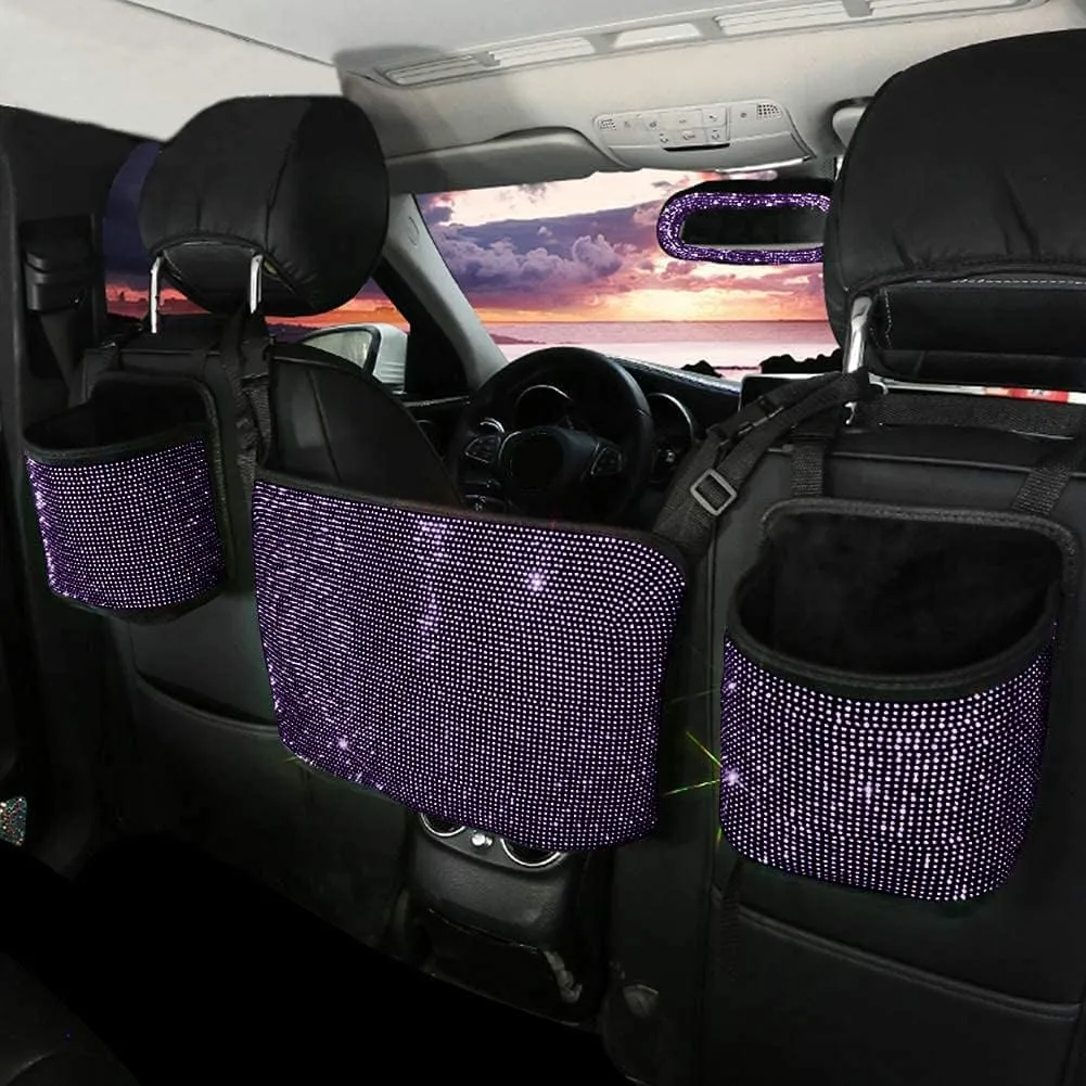 eing Crystal Car Organizers and Storage Purse Holder, Car Seat Back Net Handbag Accessories with Bling Diamonds for Women, Car Pet Barrier for Dogs and Kids, Purple