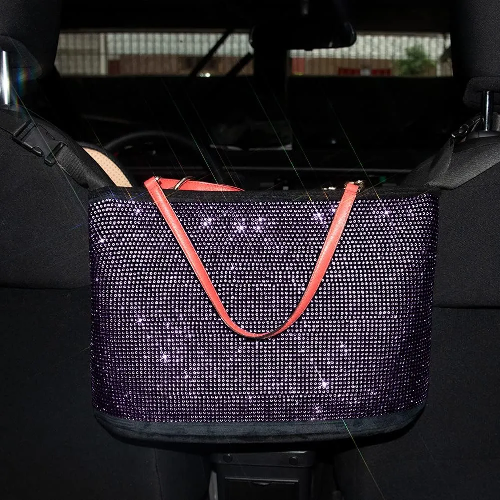 eing Crystal Car Organizers and Storage Purse Holder, Car Seat Back Net Handbag Accessories with Bling Diamonds for Women, Car Pet Barrier for Dogs and Kids, Purple