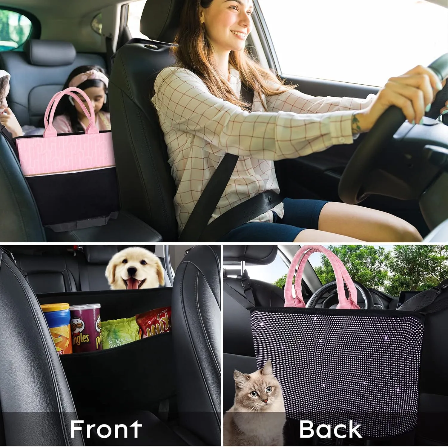 eing Crystal Car Organizers and Storage Purse Holder, Car Seat Back Net Handbag Accessories with Bling Diamonds for Women, Car Pet Barrier for Dogs and Kids, Purple