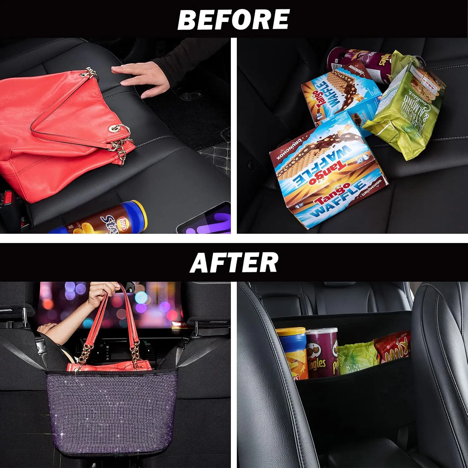 eing Crystal Car Organizers and Storage Purse Holder, Car Seat Back Net Handbag Accessories with Bling Diamonds for Women, Car Pet Barrier for Dogs and Kids, Purple