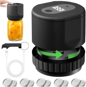 Electric Mason Jar Vacuum Sealer Kit - Cordless Rechargeable Canning Jar Sealer with 5x Wide & Regular Mouth Lids | Electric Food Preservation Black Vacuum Sealer for Mason Jars with Lid Opener