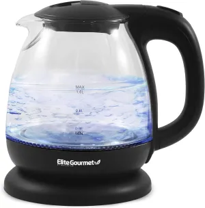 Elite Gourmet EKT1001 Electric 1.0L BPA-Free 1100W Glass Kettle Cordless 360° Base, Stylish Blue LED Interior, Handy Auto Shut-Off Function – Quickly Boil Water For Tea & More, Black