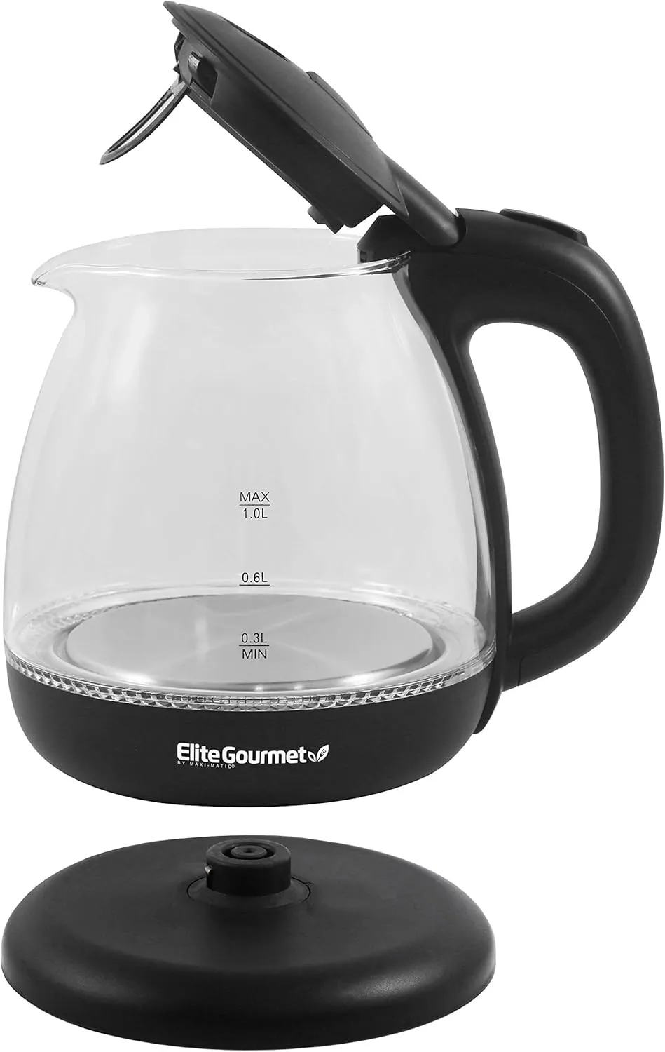 Elite Gourmet EKT1001 Electric 1.0L BPA-Free 1100W Glass Kettle Cordless 360° Base, Stylish Blue LED Interior, Handy Auto Shut-Off Function – Quickly Boil Water For Tea & More, Black