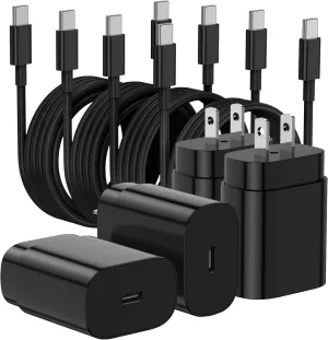 Essri 25W Type C Super Fast Charging 4-Pack,USB C Wall Charger Block with 2×6ft   2×10ft USB C to C Cables for Samsung Galaxy S25 Ultra/S25 /S25/S24/S23/S22/Note 20 Series (ETL/FCC Certified)