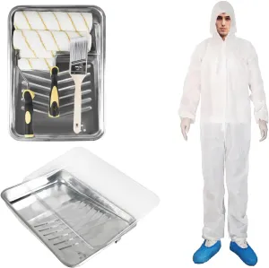 ETERNA 9 Pieces Paint Roller Kit and Protective Coverall, 9 inch 4 inch Paint Rollers Cover Frame Brush for Wall Decorating Home DIY Improvement and Hazmat Suits Shield from Dirt, Paint