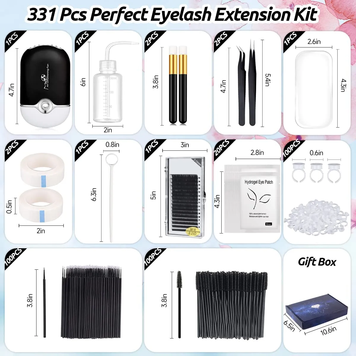 Eyelash Extension Supplies Lash Extension Kit for Beginner USB Lash Fan 0.1D Curl Mix 8-12mm Lash Silicone Pad Tweezers Under Eye Gel Pad Micro Brush Wash Bottle Mascara Brush Glue Ring (Black)