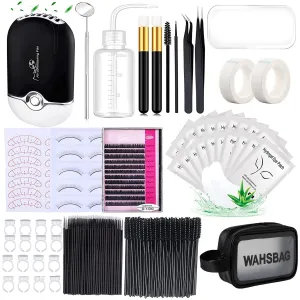 Eyelash Extension Supplies Lash Extension Kit for Beginner USB Lash Fan 0.1D Curl Mix 8-12mm Lash Silicone Pad Tweezers Under Eye Gel Pad Micro Brush Wash Bottle Mascara Brush Glue Ring (Black)