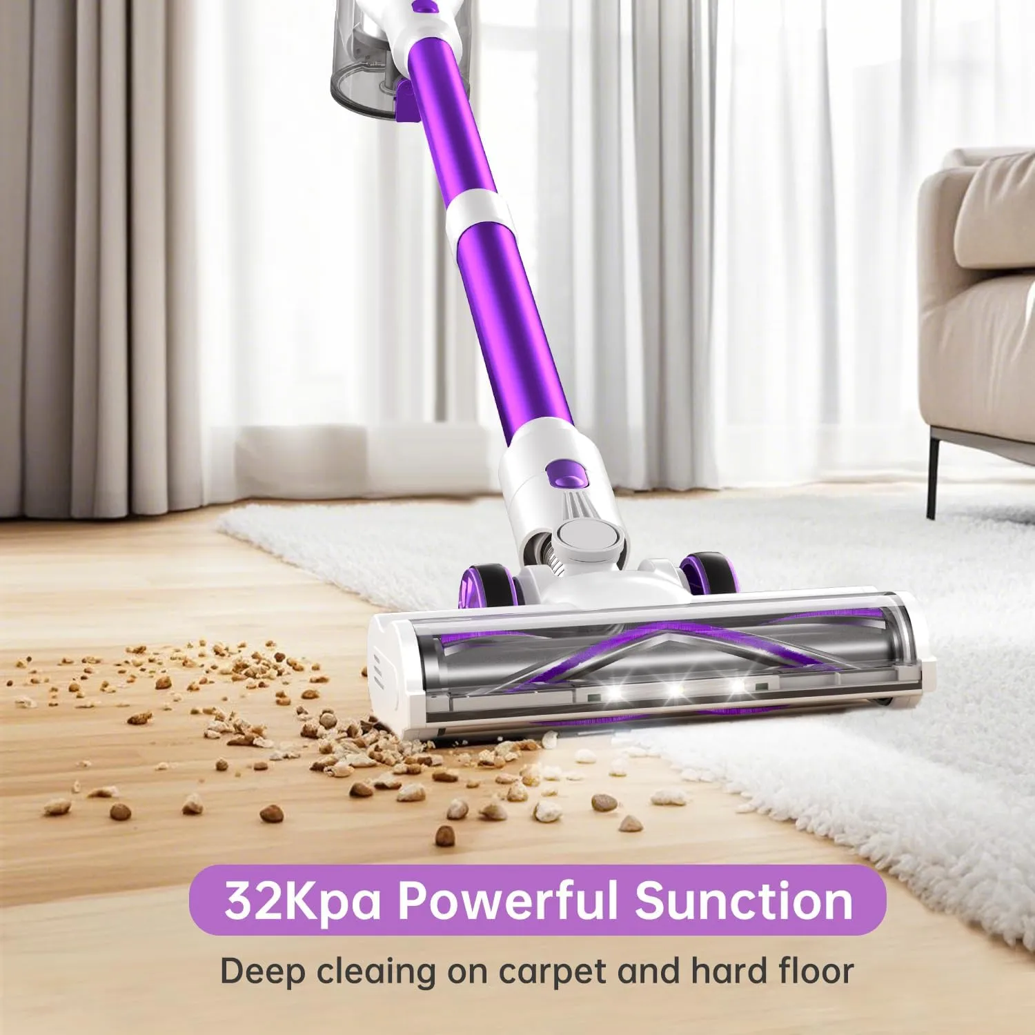 FABULETTA Cordless Vacuum Cleaner for Home, 500W Lightweight Vacuum Cleaner with MAX 50 Min Detachable Battery, Brushless Motor, 6 in 1 Stick Vacuum for Hardwood Floors and Carpet Pet Hair Car（Purple）