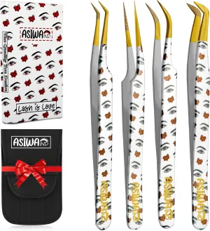 Fiber Tip Eyelash Extensions Tweezers - Precision Red Heart and Eye Print lash Tweezers/Professional fiber tip lash tweezers for eyelashes Extensions, Pack of 4 (Red Heart and Eye Print)