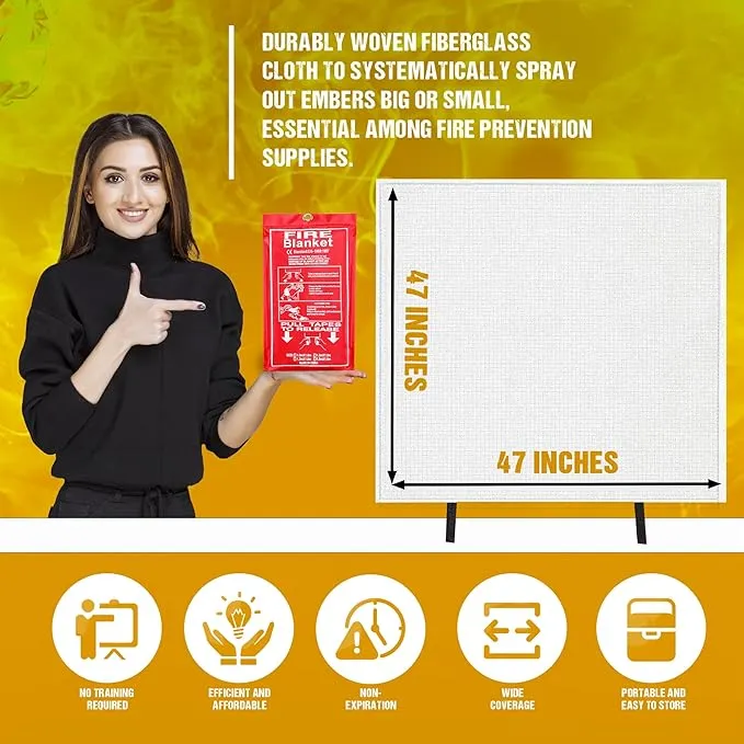 Fire Blanket, 47”x 47” Fire Extinguisher Blankets for Home & Kitchen, High Heat Resistant Fire Suppression Blankets for Home Safety, Grill, Car, Office, Warehouse, and Camping