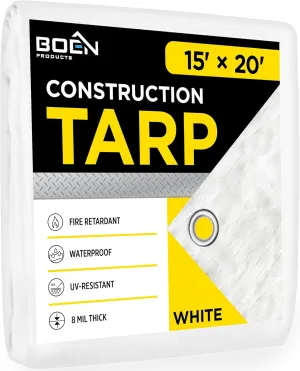 Fire Retardant Construction tarp with Reinforced Corners, Waterproof, UV Resistant Polyethylene Tarpaulin (15' x 20', White)