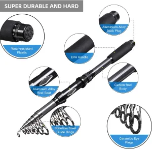 Fishing Rod Kit, Telescopic Fishing Rod and Reel Combos Full Set with Spinning Rod Reel Combos Line Lures Hooks Travel Bag for Youth Adults