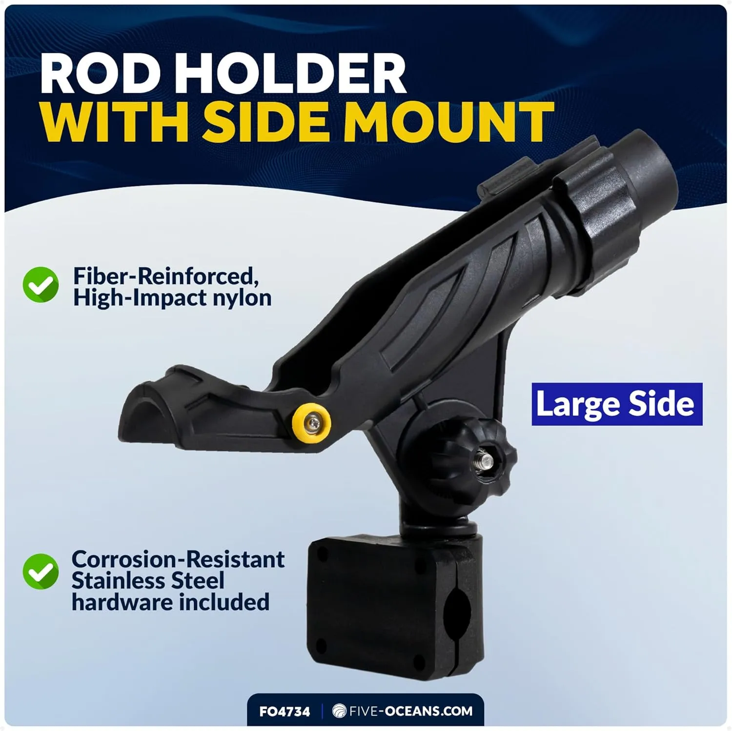 Five Oceans Rail Mount Fishing Rod Holder with Locking Mechanism & Hook Keeper, Black, Heavy-Duty ABS, Fiberglass-Reinforced