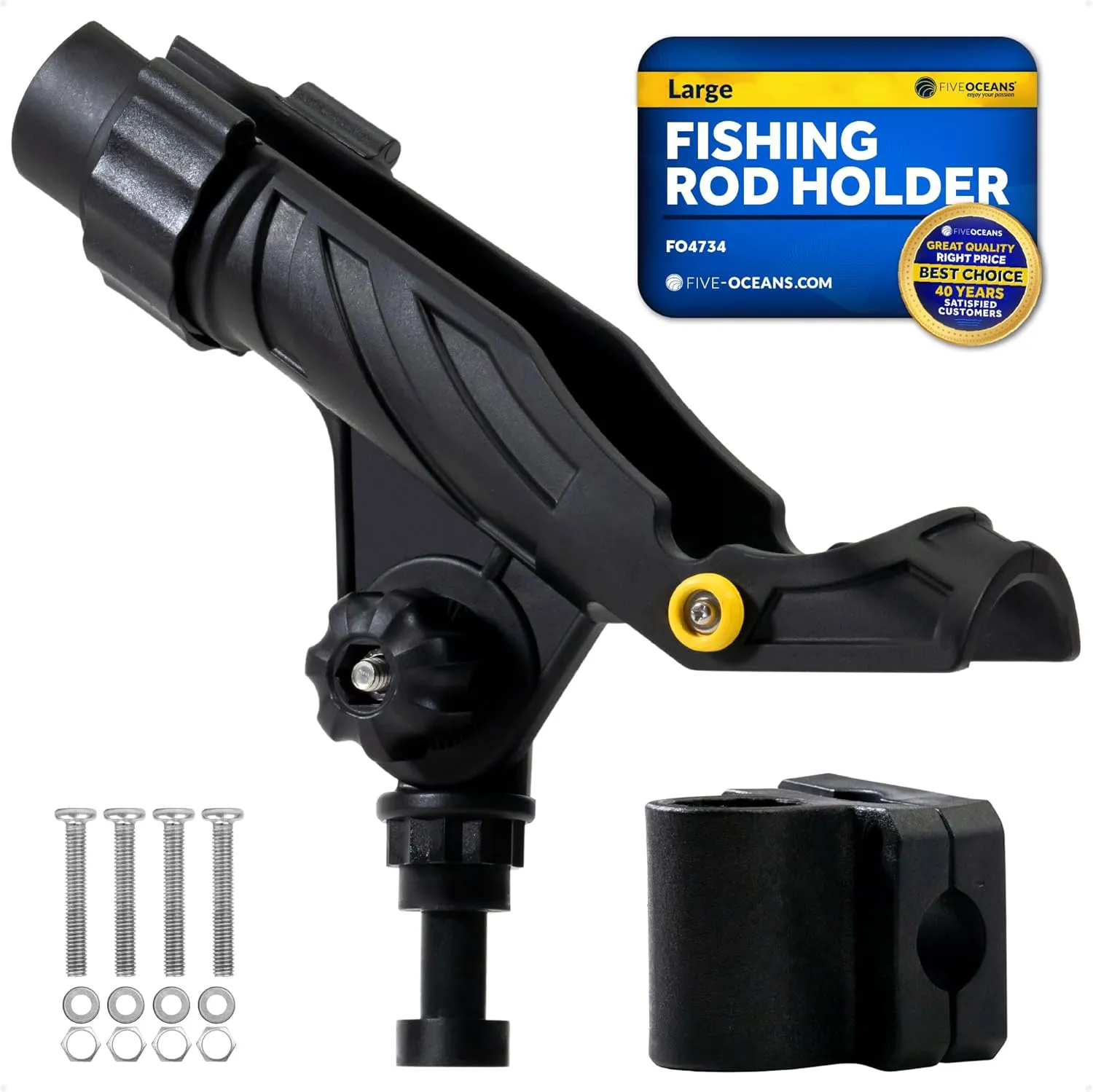 Five Oceans Rail Mount Fishing Rod Holder with Locking Mechanism & Hook Keeper, Black, Heavy-Duty ABS, Fiberglass-Reinforced