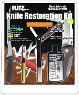 Flitz All-in-One Knife Restoration Care Kit – Clean, Polish, Protect and Sharpen Your Knives, Microfiber Cloth and Knife Sharpener Included