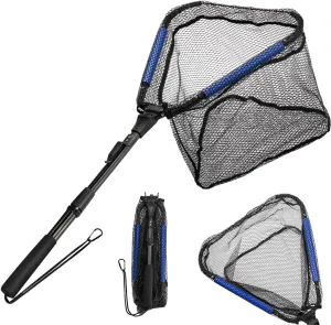 Floating Fishing Net, 35" Fishing Landing Net with Collapsible Telescopic Pole Handle, Rubber Coated Mesh Folding Fly Fish Net for Salmon Steelhead Bass Trout Walleye Kayak, Fresh Salt Water