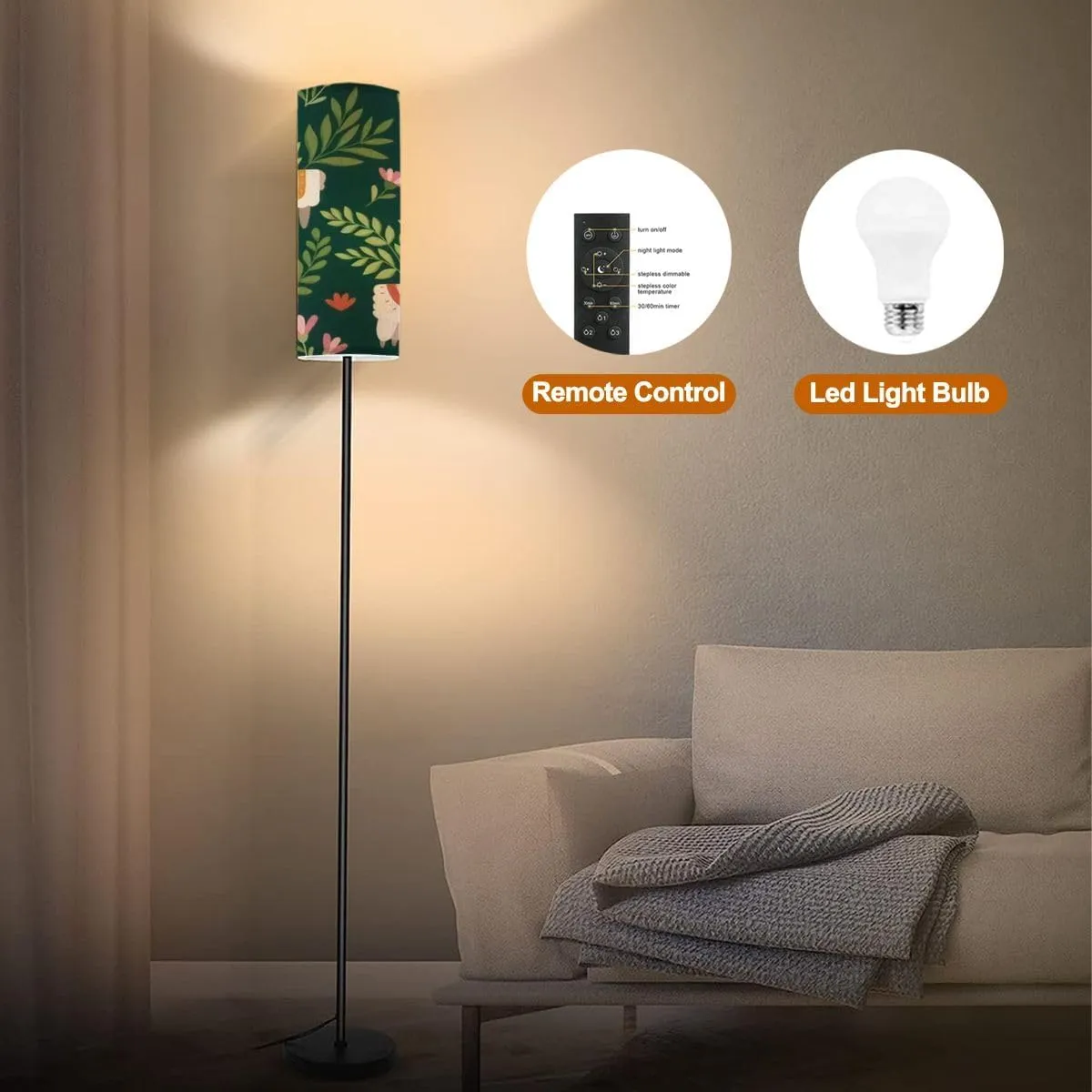Floor Lamp for Living Room Cute seamless pattern floral elements cartoon drawings for print Modern Standing Lamp Remote Control Dimmable Pole Lamp Corner Tall Lamp for Office Bedroom Reading