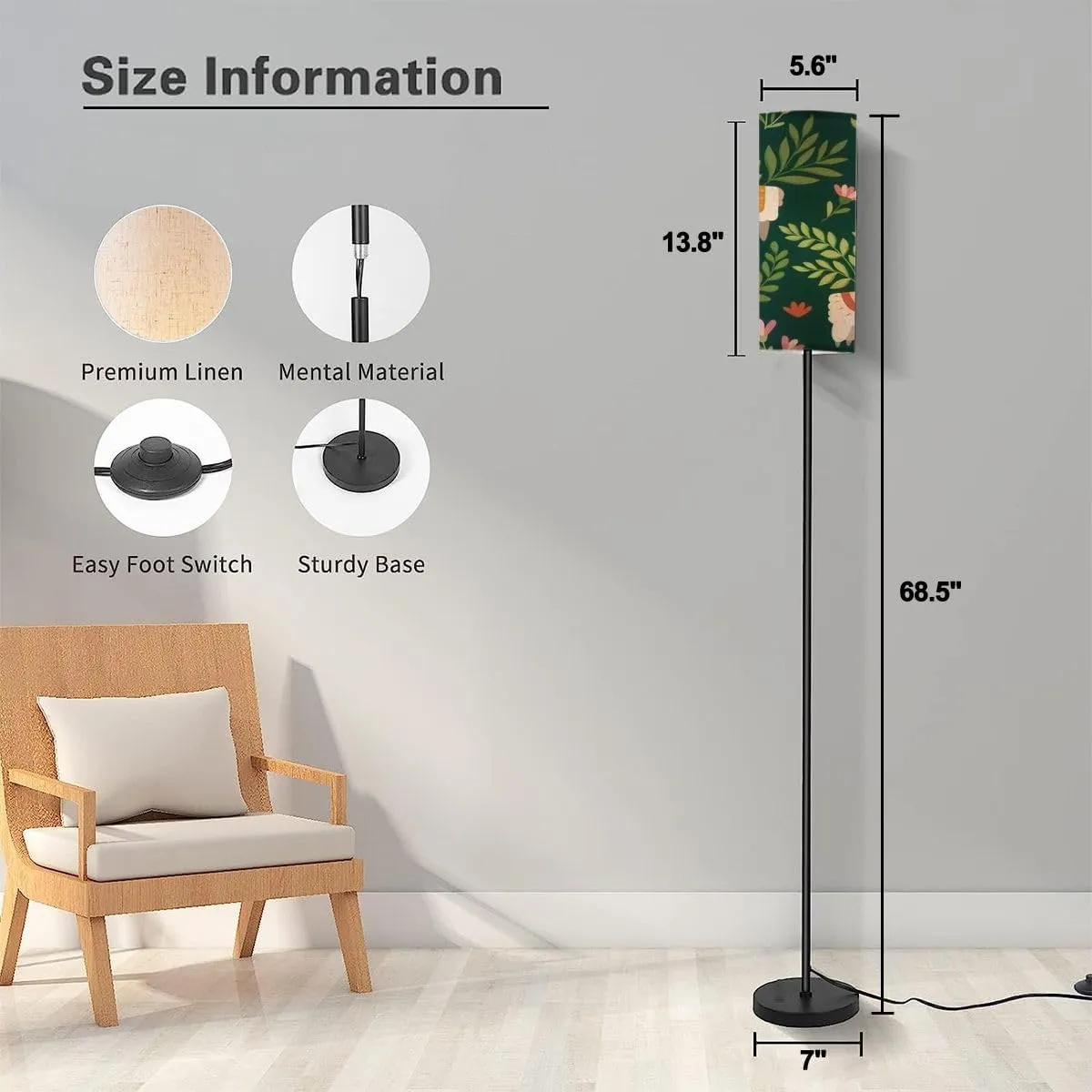 Floor Lamp for Living Room Cute seamless pattern floral elements cartoon drawings for print Modern Standing Lamp Remote Control Dimmable Pole Lamp Corner Tall Lamp for Office Bedroom Reading