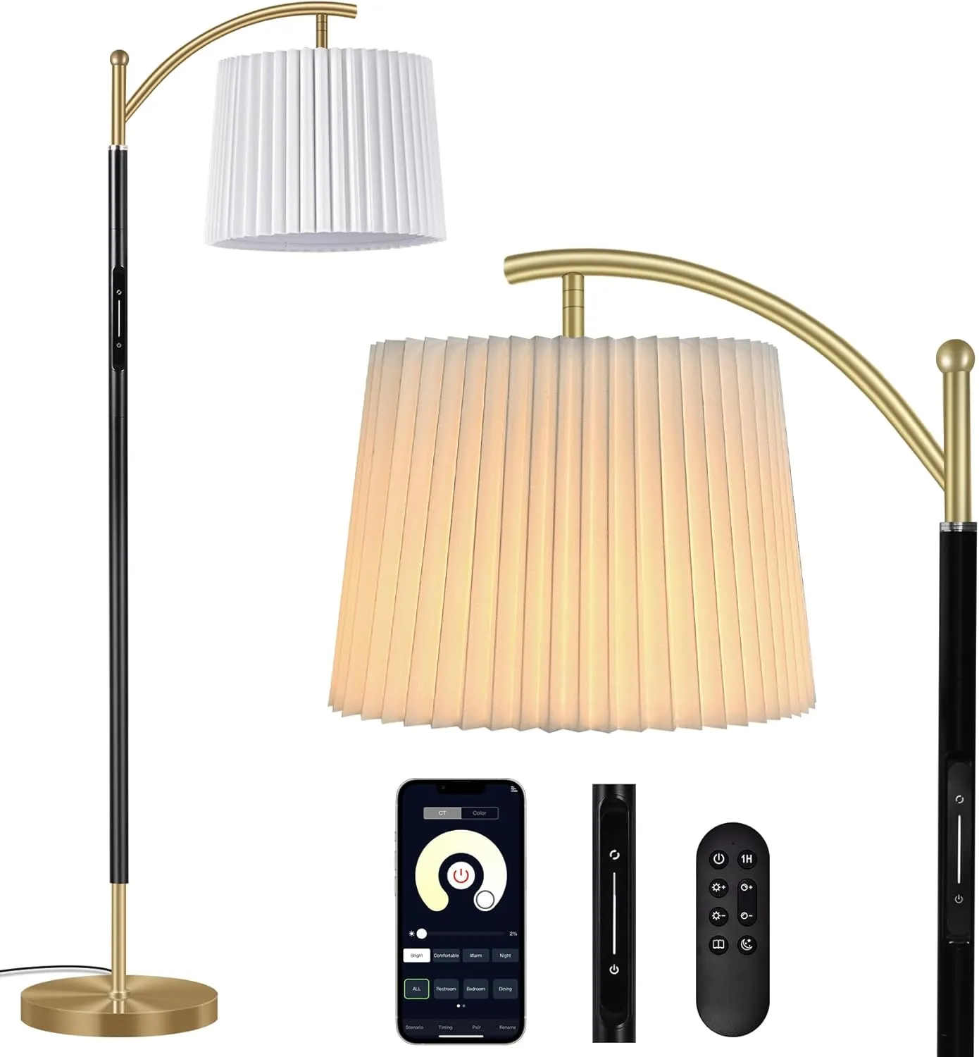 Floor Lamp, LED Floor Lamp with APP & Remote & Touch Control, Stepless Color Temperatures and Brightness, Tall Standing Lamp with Pleated Lampshade for Living Room, Bedroom, Office(Black Gold)