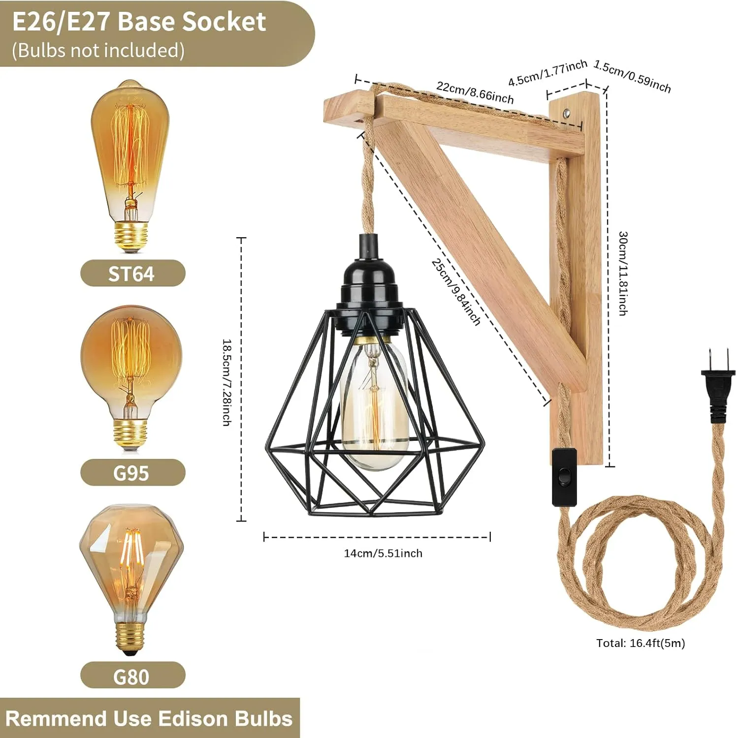 Frideko Hanging Lamps That Plug into Wall Outlet - Wall Lamp with Plug in Cord, Farmhouse Plug in Wall Sconces, Rustic Wall Mount Lamp with Wood Shelf Bracket & Switch for Hallway,Living Room