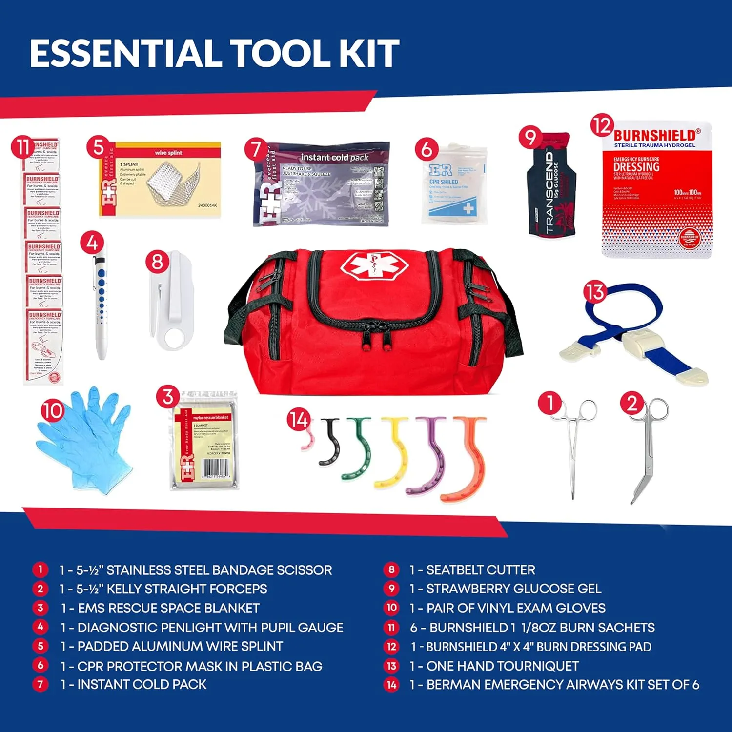 Fully Stocked Trauma First Aid Kit – First Responder II Bag with Tools, Gauze, Bandages, Scissors & Gloves – Compact & Portable – OSHA and ANSI Compliant – Red - FSA/HSA Eligible