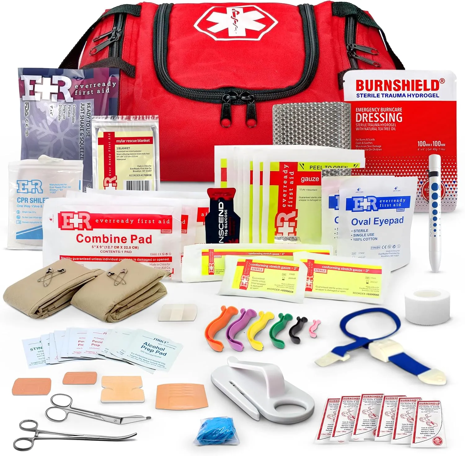 Fully Stocked Trauma First Aid Kit – First Responder II Bag with Tools, Gauze, Bandages, Scissors & Gloves – Compact & Portable – OSHA and ANSI Compliant – Red - FSA/HSA Eligible