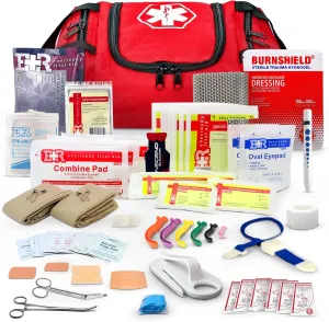 Fully Stocked Trauma First Aid Kit – First Responder II Bag with Tools, Gauze, Bandages, Scissors & Gloves – Compact & Portable – OSHA and ANSI Compliant – Red - FSA/HSA Eligible