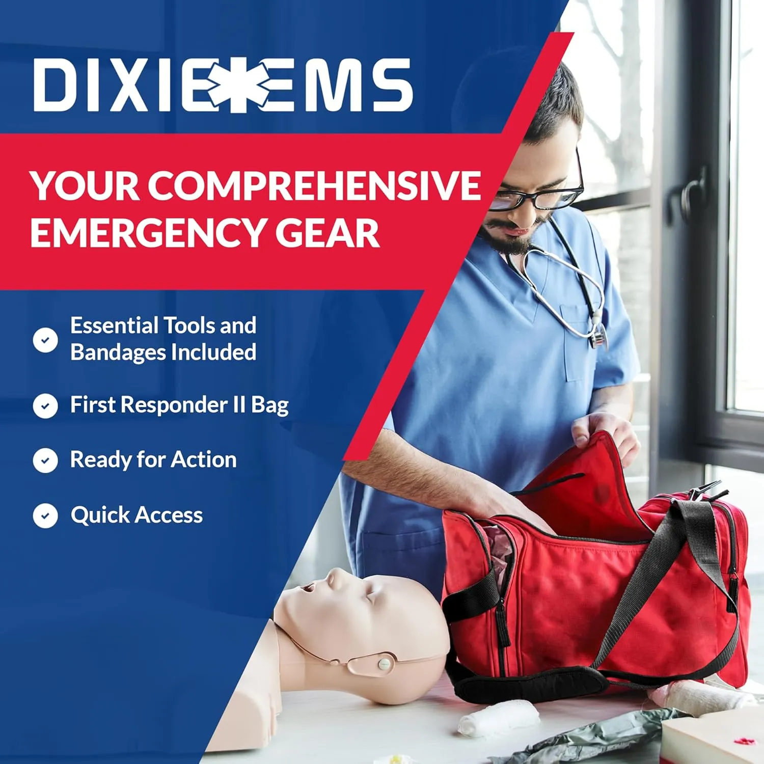 Fully Stocked Trauma First Aid Kit – First Responder II Bag with Tools, Gauze, Bandages, Scissors & Gloves – Compact & Portable – OSHA and ANSI Compliant – Red - FSA/HSA Eligible