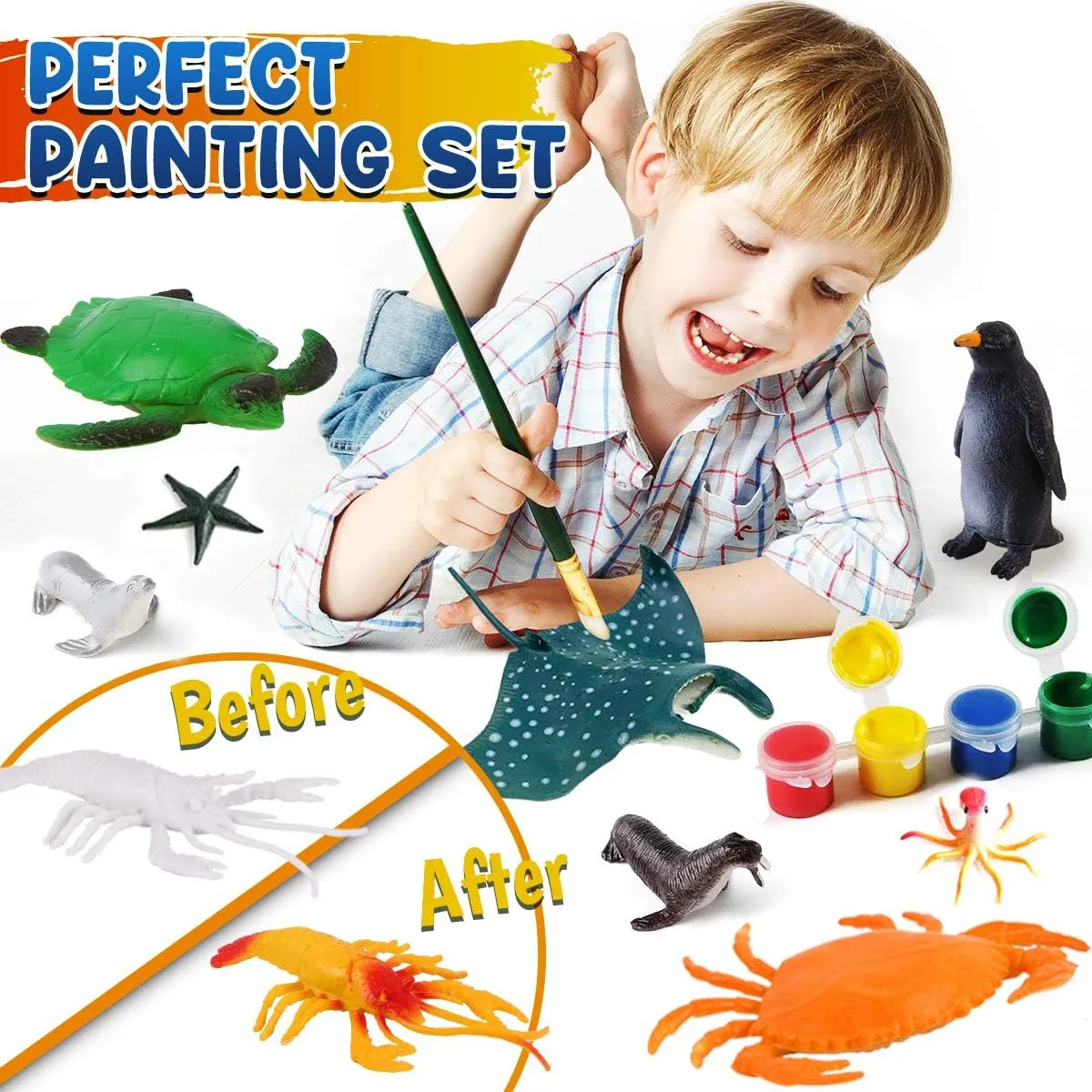 FUNZBO Sea Animals Painting Kits for Kids, Arts and Crafts with Art Supplies, Sea Creatures Ocean Paint Set, Summer Toy Toddlers Boys Girls Ages 3 4 5 6 7 8 Birthday Gift Party Favors