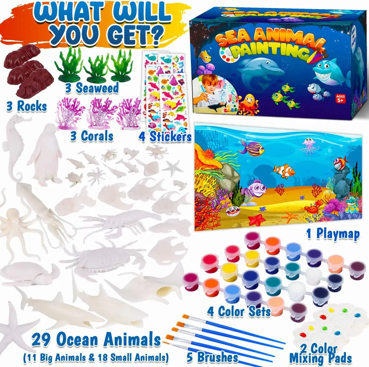 FUNZBO Sea Animals Painting Kits for Kids, Arts and Crafts with Art Supplies, Sea Creatures Ocean Paint Set, Summer Toy Toddlers Boys Girls Ages 3 4 5 6 7 8 Birthday Gift Party Favors