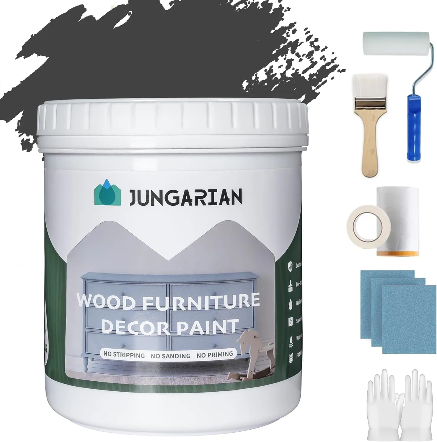 Furniture Paint Kit 16oz with Tools - Water-based & Low Odor All-in-One No Sanding - Matte Finish Indoor Outdoor Wood Paint for Cabinets, Doors, Tables and Dressers - Iron Ore