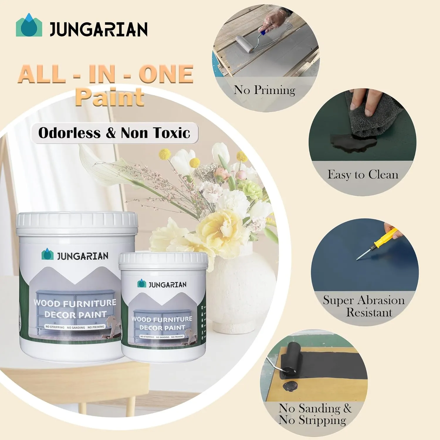 Furniture Paint Kit 16oz with Tools - Water-based & Low Odor All-in-One No Sanding - Matte Finish Indoor Outdoor Wood Paint for Cabinets, Doors, Tables and Dressers - Iron Ore