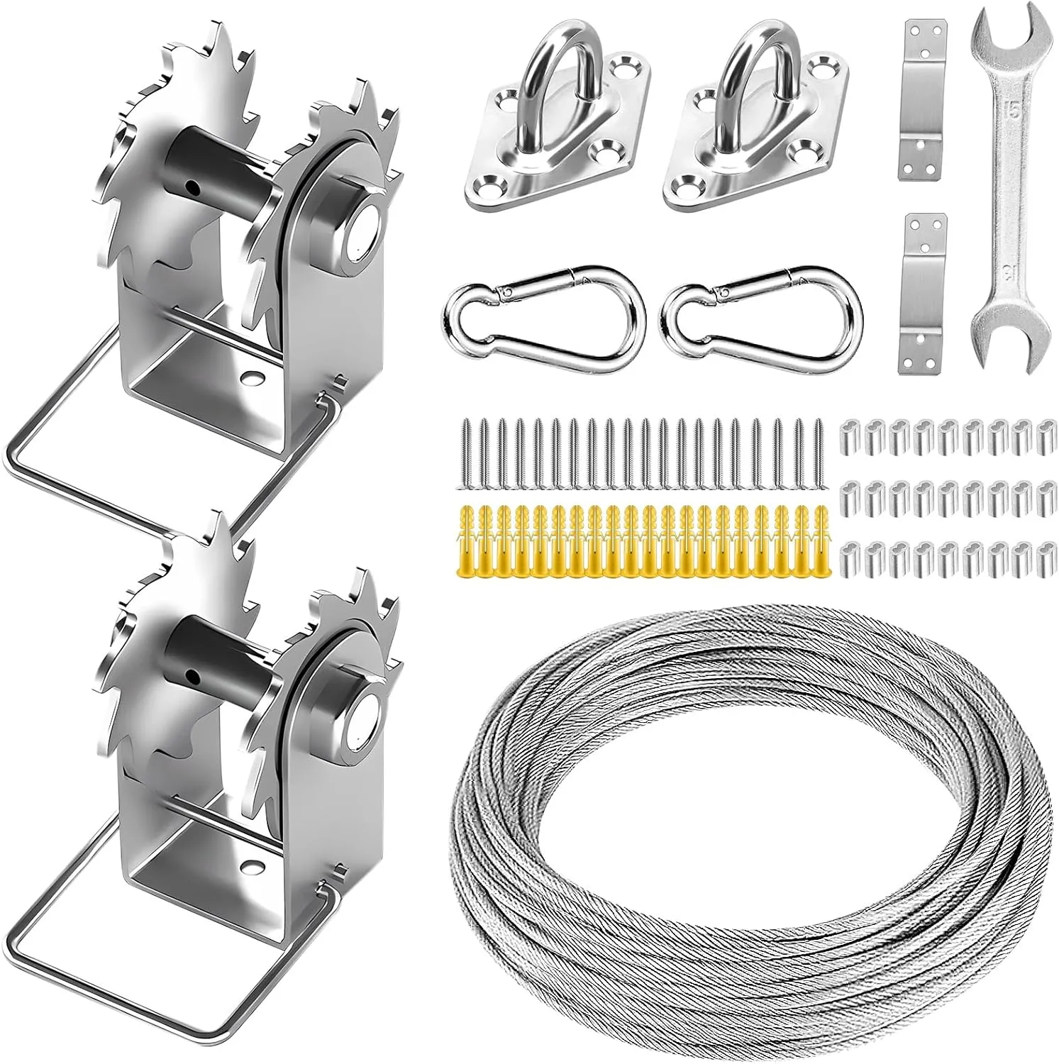 FZENeast Shade Sail Hardware Kit Include Winches & Wire Rope, Anti-Rust Stainless Steel Sun Shade Hardware Kit for Rectangle Square Triangle Shade Sail Installation(75 PCS)