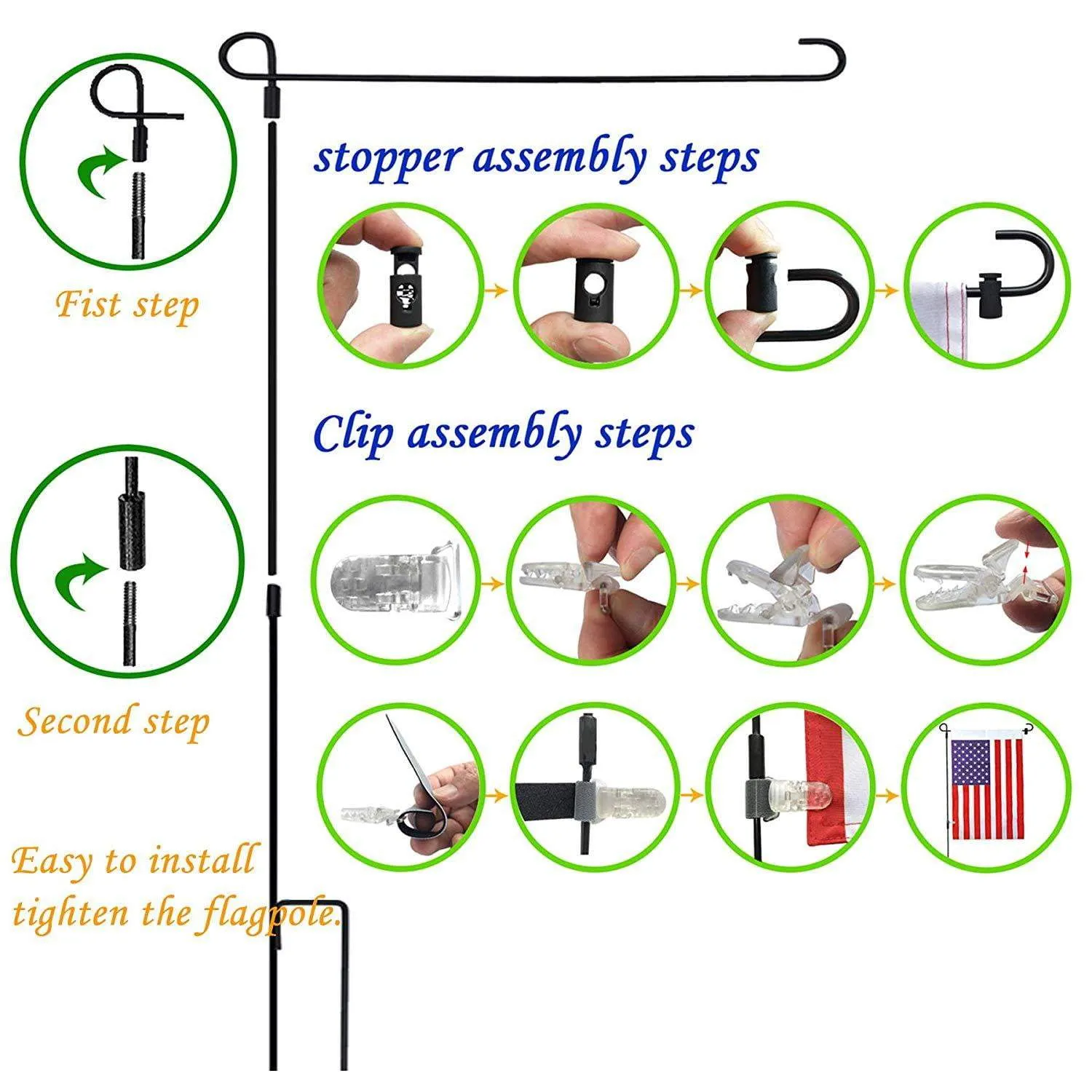 Garden Flag Pole Set - With Wind Clip & Stopper!