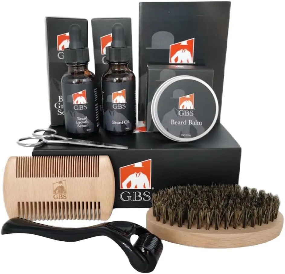 G.B.S Men's Beard Grooming Kit - Beard Oil, Growth Serum with Biotin, Balm, Brush and Comb Gift Set