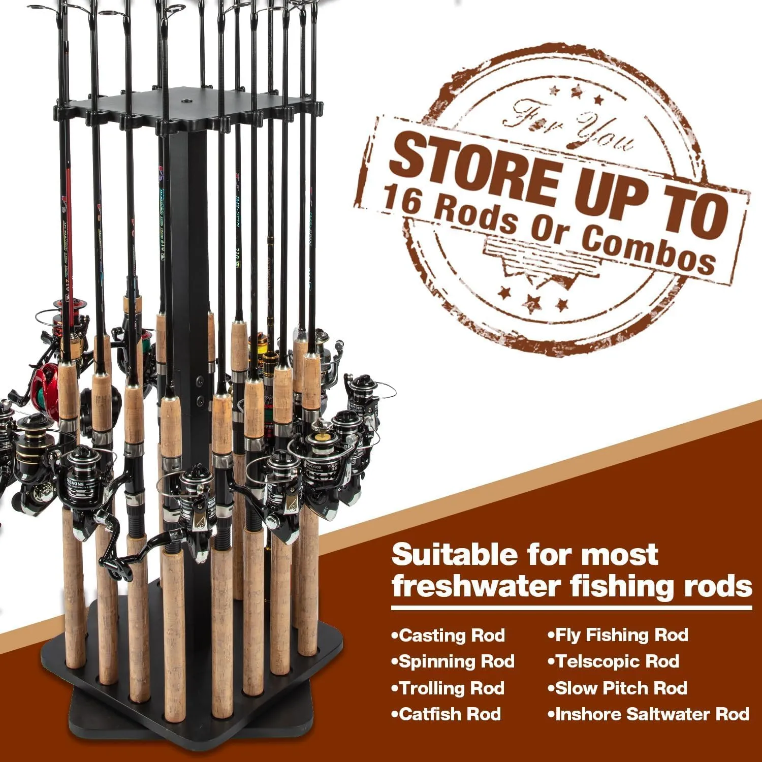 Ghosthorn Fishing Rod Holders for Garage 360 Degree Rotating Fishing Pole Rack, Floor Stand Holds up to 16 Rods Wood Fishing Gear Equipment Storage Organizer, Fishing Gifts for Men