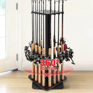 Ghosthorn Fishing Rod Holders for Garage 360 Degree Rotating Fishing Pole Rack, Floor Stand Holds up to 16 Rods Wood Fishing Gear Equipment Storage Organizer, Fishing Gifts for Men