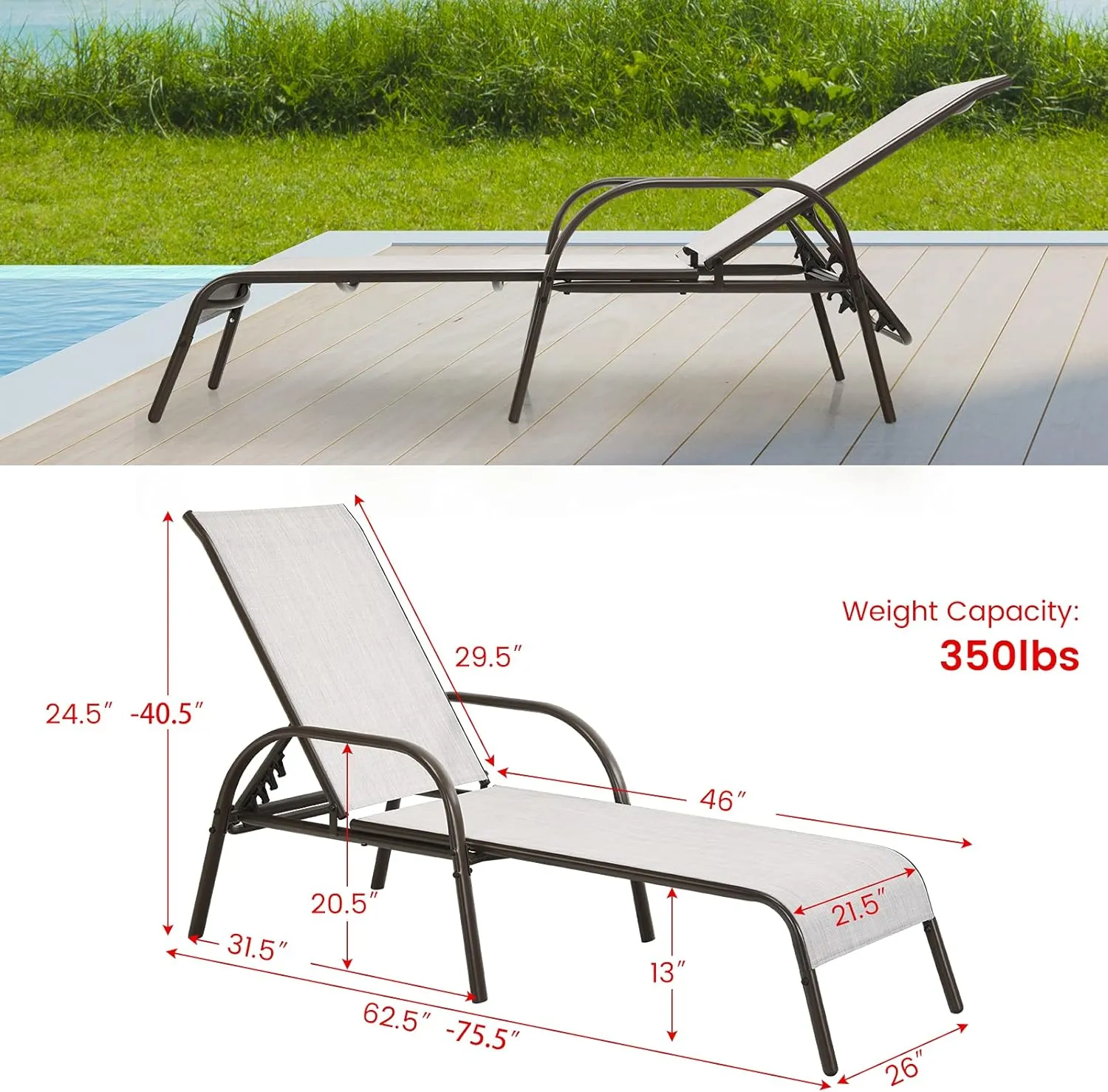 Giantex Patio Lounge Chair, Outdoor Chaise Lounge with 5 Adjustable Backrest, Sturdy Steel Frame, Sunbathing Recliner, Beach Chair, Tanning Chair for Outside, Yard, Balcony, Pool Chairs, Grey