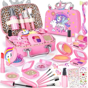 GINMIC Pretend Makeup for Toddlers, Pretend Play Makeup for Little Girls,Toddler Toys Makeup kit with Unicorn Cosmetic Bag for Little Girls Age 3 4 5 6 7  Birthday Christmas Princess Gifts