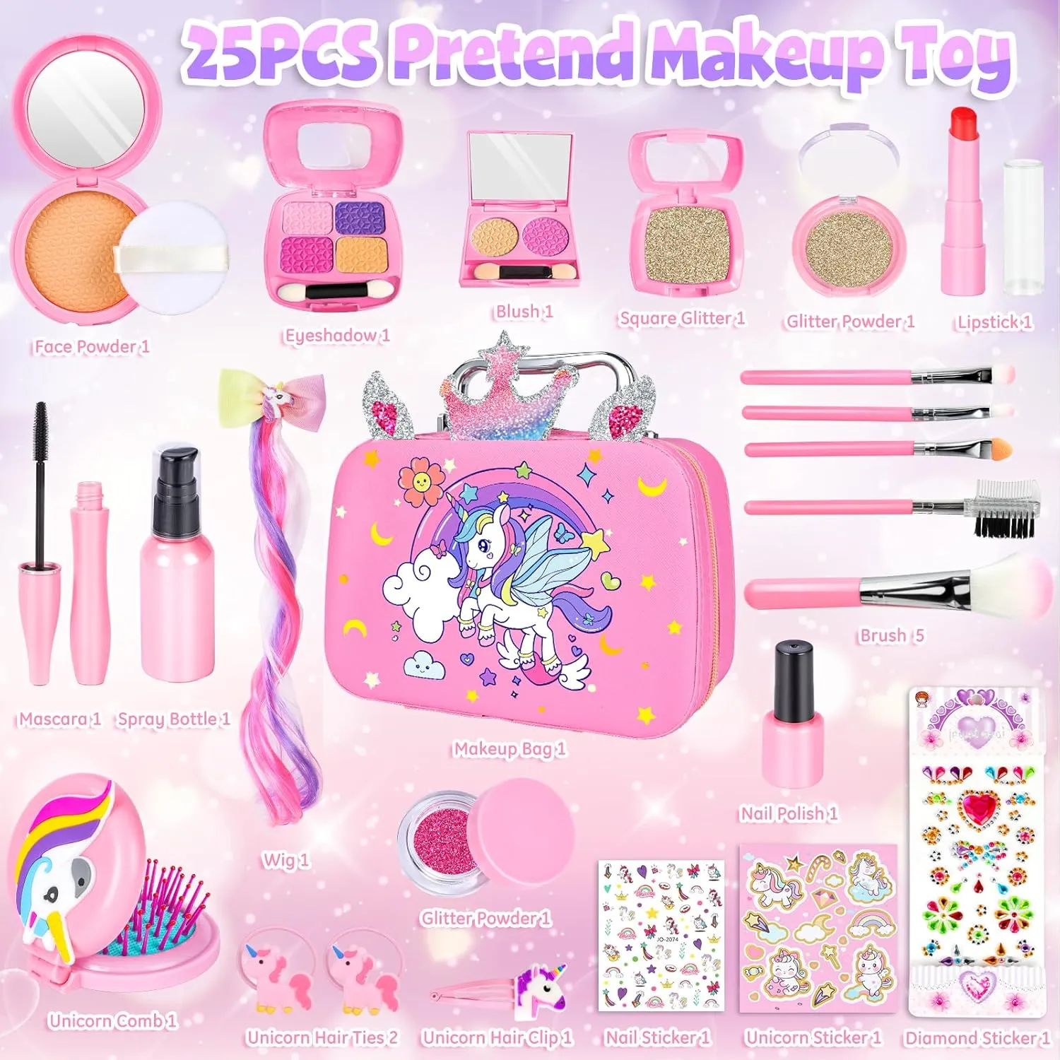 GINMIC Pretend Makeup for Toddlers, Pretend Play Makeup for Little Girls,Toddler Toys Makeup kit with Unicorn Cosmetic Bag for Little Girls Age 3 4 5 6 7  Birthday Christmas Princess Gifts