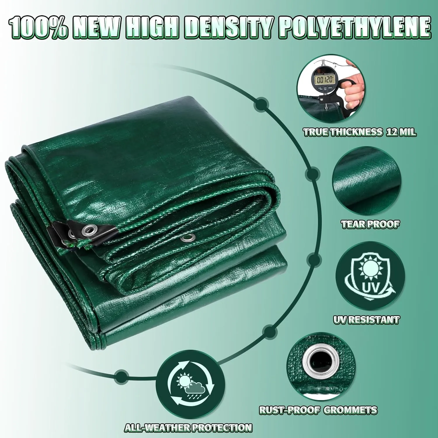 Green Heavy Duty Tarp 6x12 Feet, 12 Mil Thick Waterproof Poly Tarps Cover UV Resistant, Rip & Tear Proof with Metal Grommets Every 20 Inche