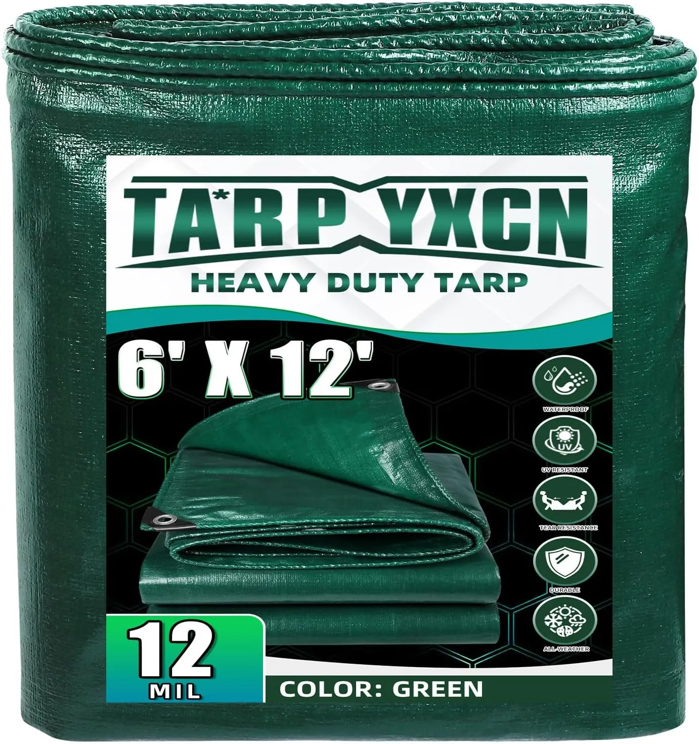 Green Heavy Duty Tarp 6x12 Feet, 12 Mil Thick Waterproof Poly Tarps Cover UV Resistant, Rip & Tear Proof with Metal Grommets Every 20 Inche