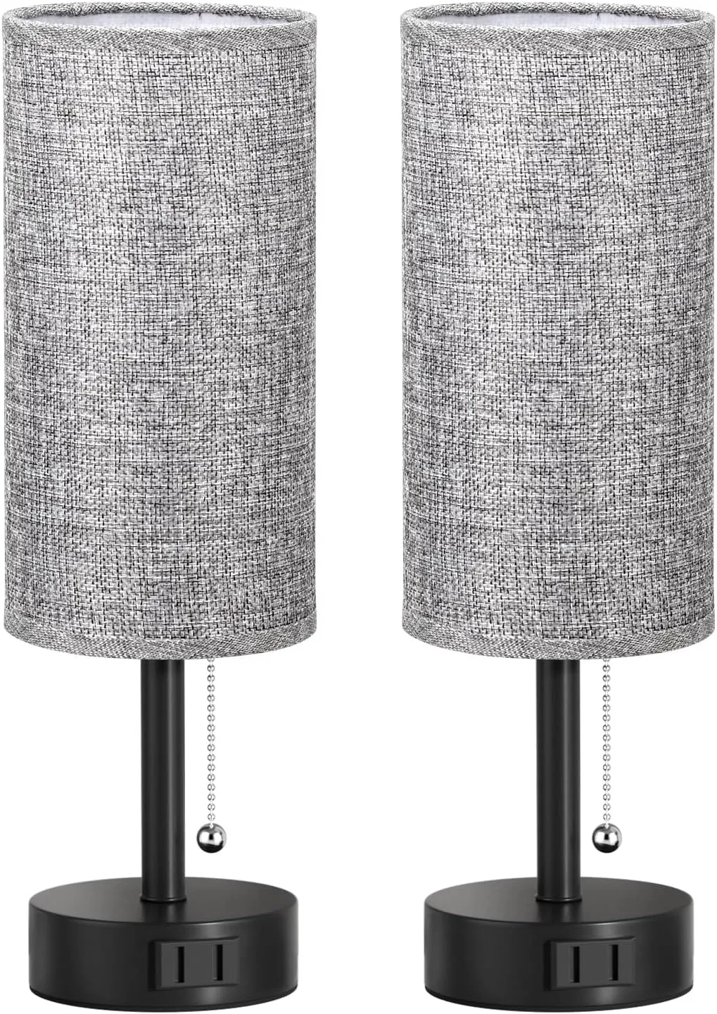 Grey Bedside Table Lamps Set of 2-3 Color Temperatures Pull Chain Lamp with AC Outlet Charging Port, Round Night Stand Lamps for Bedroom Office, Small Bed Side Light with E26 LED Bulbs