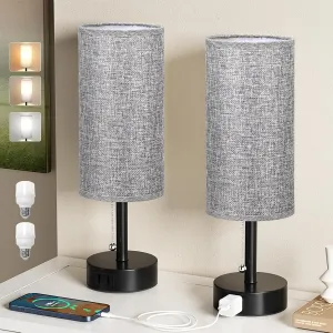 Grey Bedside Table Lamps Set of 2-3 Color Temperatures Pull Chain Lamp with AC Outlet Charging Port, Round Night Stand Lamps for Bedroom Office, Small Bed Side Light with E26 LED Bulbs