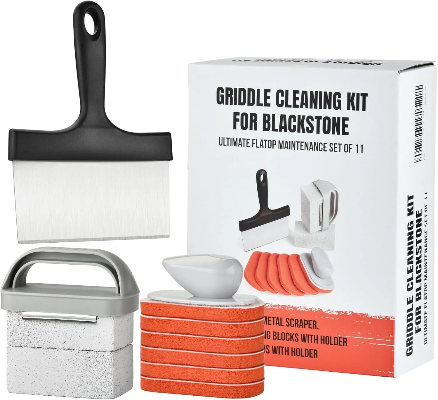 Griddle Cleaning Kit for Blackstone- Heavy-Duty Metal Scraper, 2 Grill Cleaning Blocks, and 6 Scouring Pads with Holder - Ultimate Flatop Maintenance Set